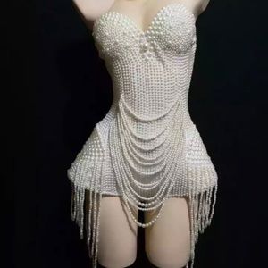 Elegant white pearl tassel party jumpsuit sexy mesh halter fringes prom bodysuit